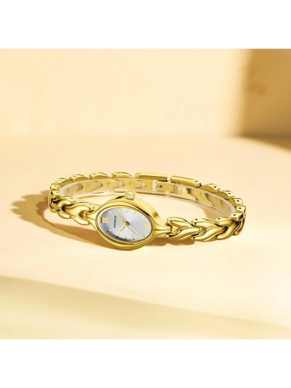 Women's Gold And White Analog Quartz Stainless Steel Vintage Oval Bracelet Watch